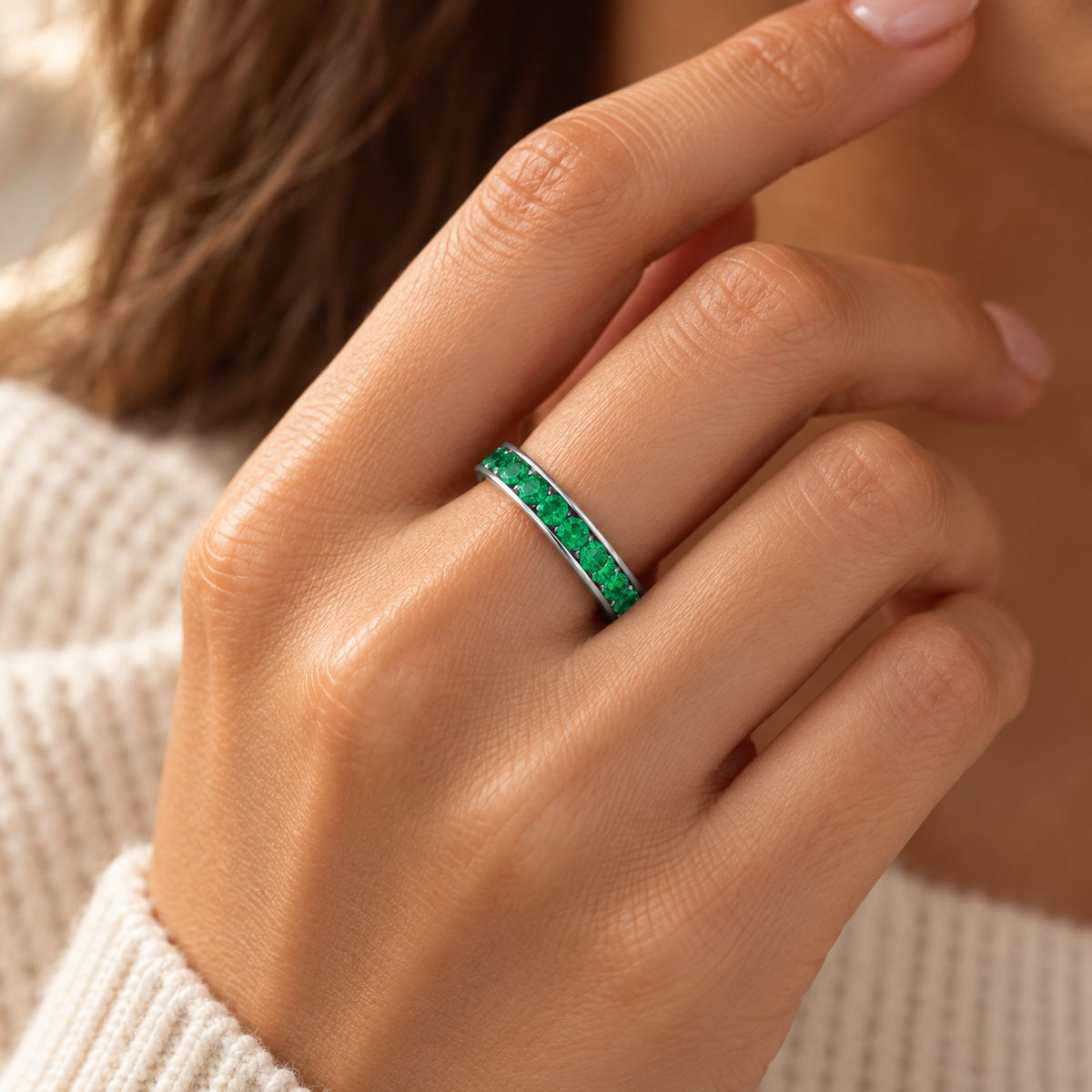 Lab-created emerald Band Ring R1328 — model-worn lifestyle view