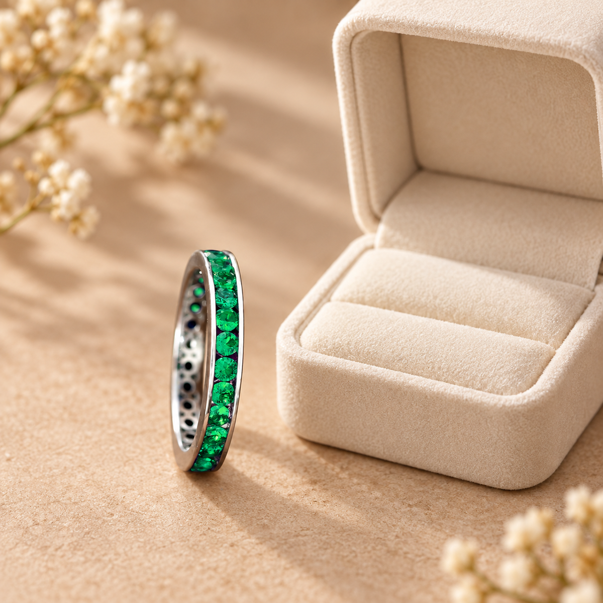 Lab-created emerald Band Ring R1328 — gift-box presentation