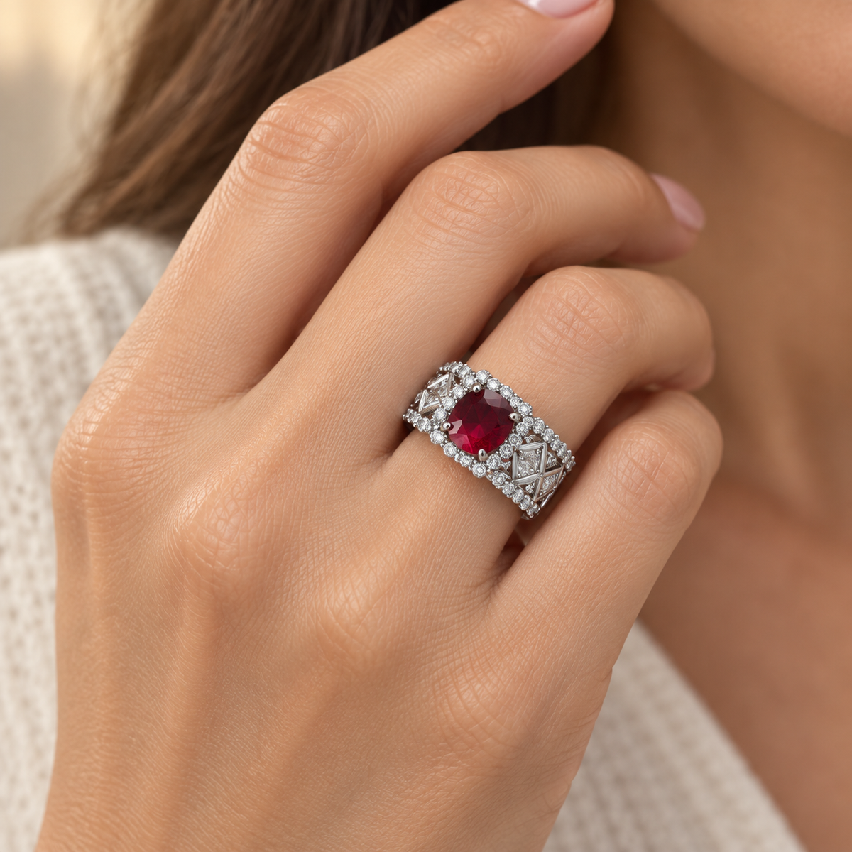 Lab-created ruby Ring R3016 — model-worn lifestyle view
