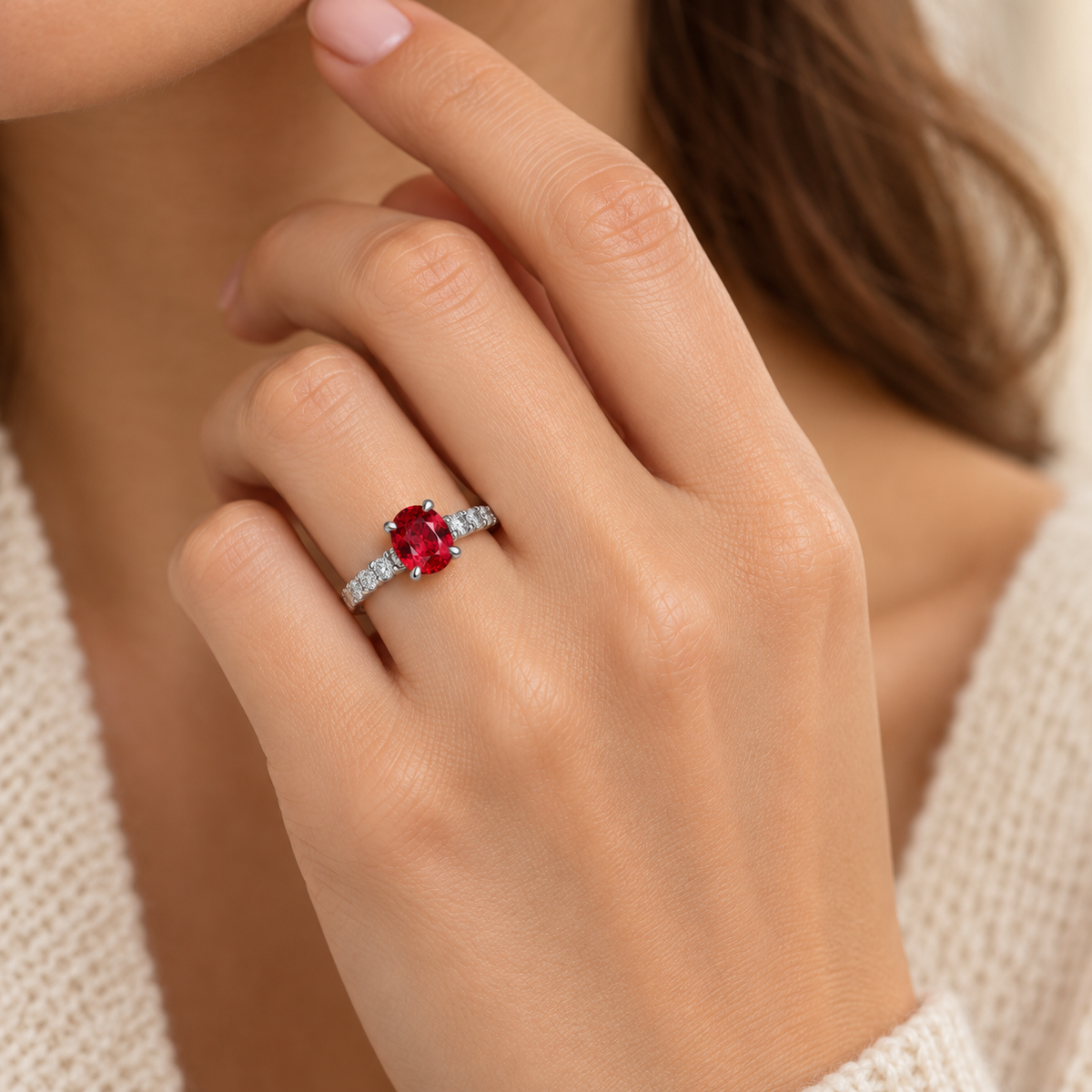 Lab-created ruby Ring R4214 — model-worn lifestyle view