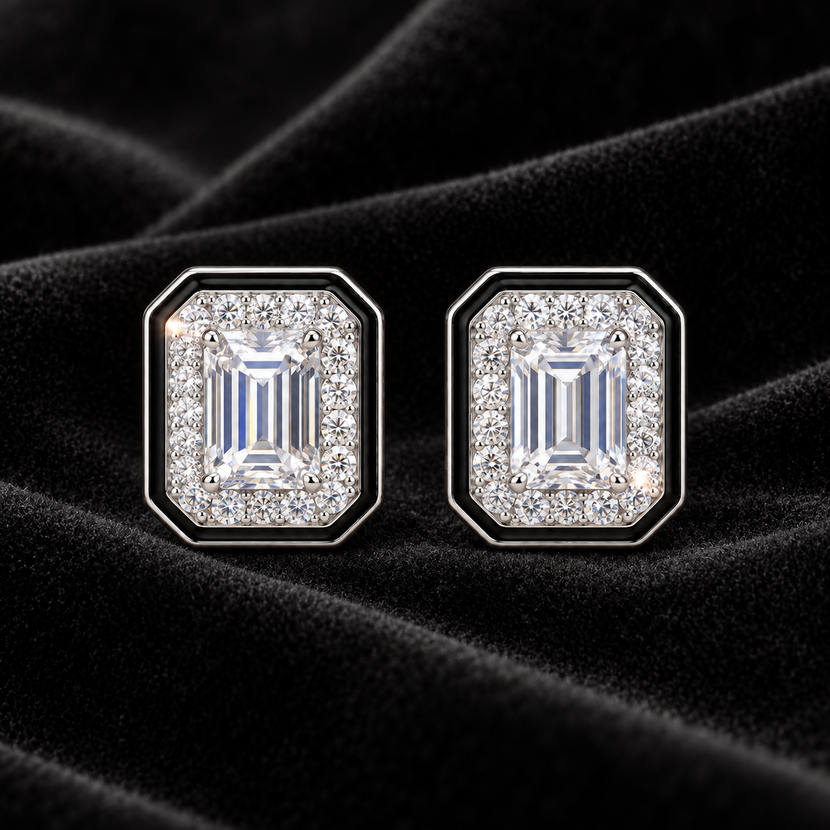 [Correnva V3 velvet main] Noir Portal Studs. AI-assisted presentation image on a dark velvet art direction; not exact-item, material, stone identity, scale, size, or inventory proof.