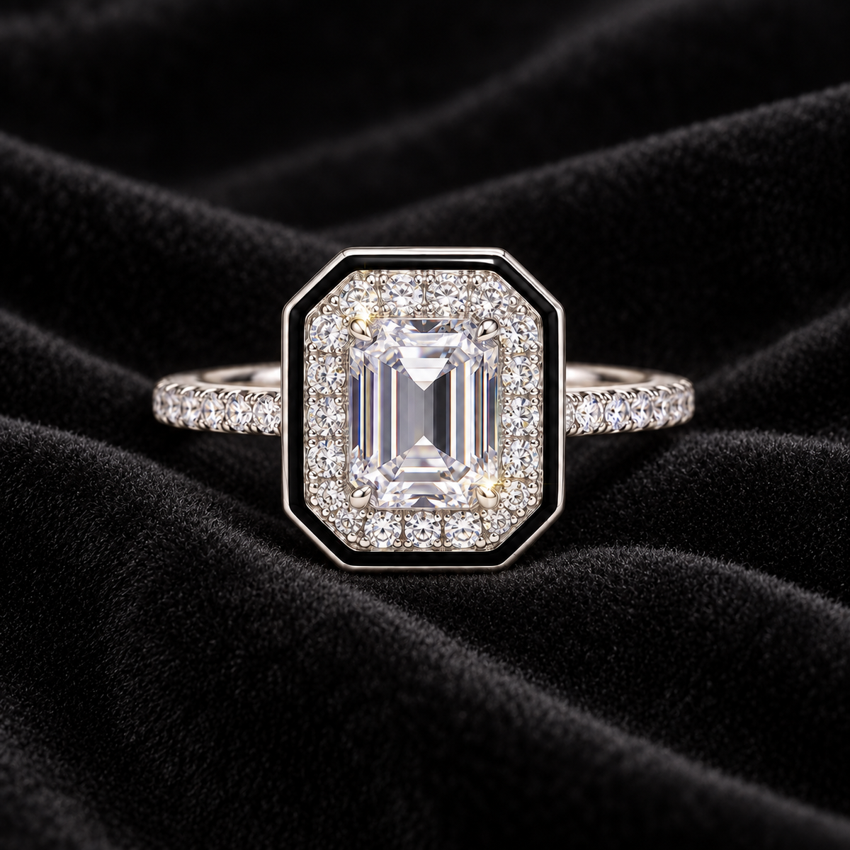 [Correnva V3 velvet main] Noir Portal Ring. AI-assisted presentation image on a dark velvet art direction; not exact-item, material, stone identity, scale, size, or inventory proof.