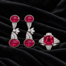 [Correnva V3 velvet main] Crimson Pavilion Ring. AI-assisted presentation image on a dark velvet art direction; not exact-item, material, stone identity, scale, size, or inventory proof.
