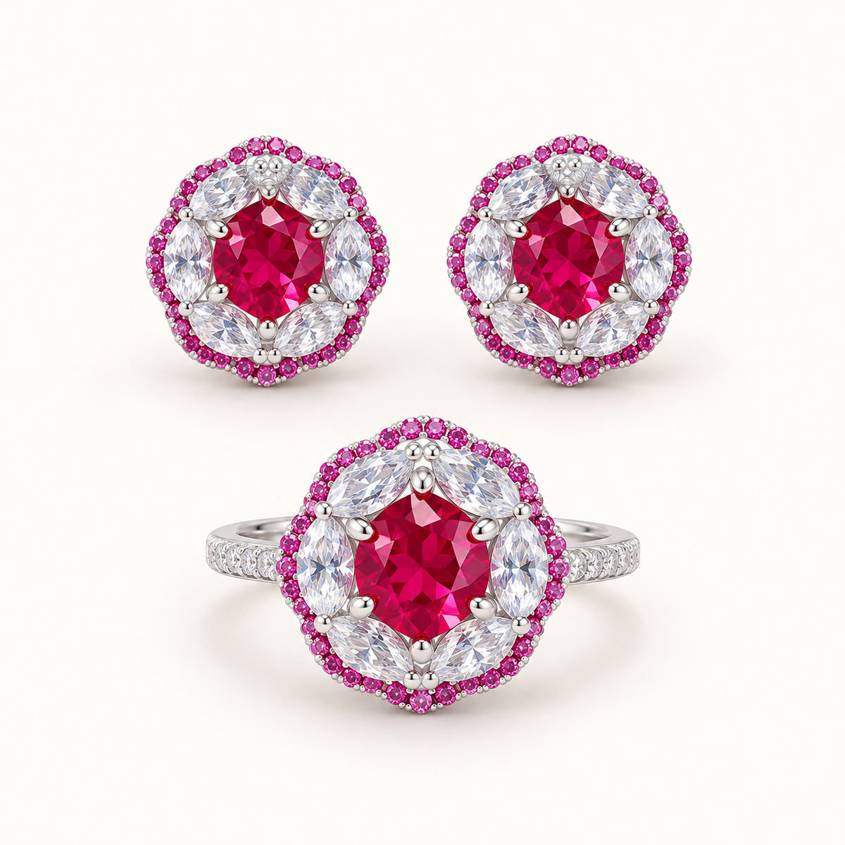 Crimson Rosette Trio. AI-assisted presentation image based on supplier reference; not exact-item, material, stone, scale, size, or inventory proof.
