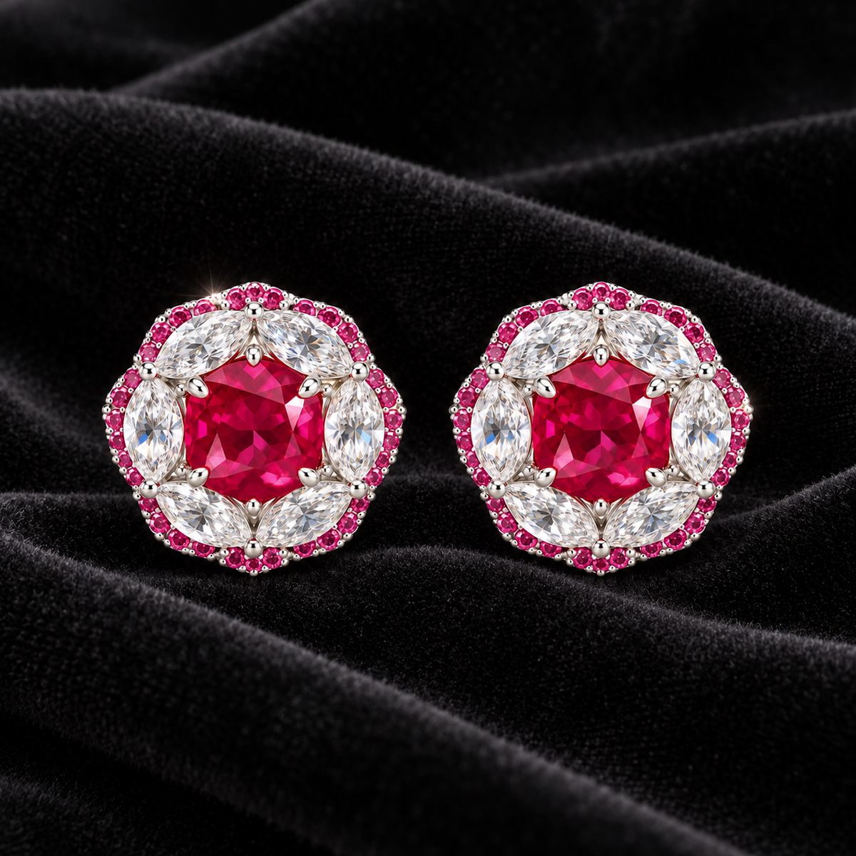 [Correnva V3 velvet main] Crimson Rosette Ring. AI-assisted presentation image on a dark velvet art direction; not exact-item, material, stone identity, scale, size, or inventory proof.