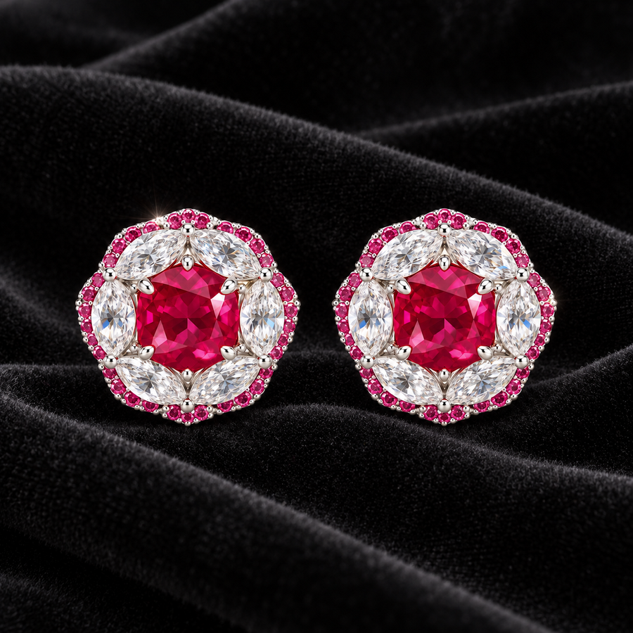 [Correnva V3 velvet main] Crimson Rosette Ring. AI-assisted presentation image on a dark velvet art direction; not exact-item, material, stone identity, scale, size, or inventory proof.