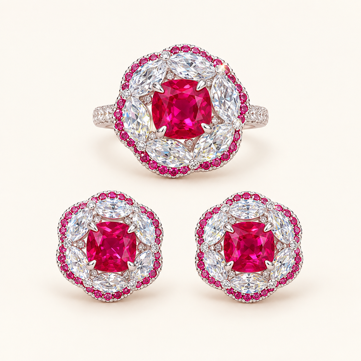[Correnva V2 main] Crimson Halo Studs. AI-assisted presentation image based on a supplier reference; not exact-item, material, stone identity, scale, size, or inventory proof.