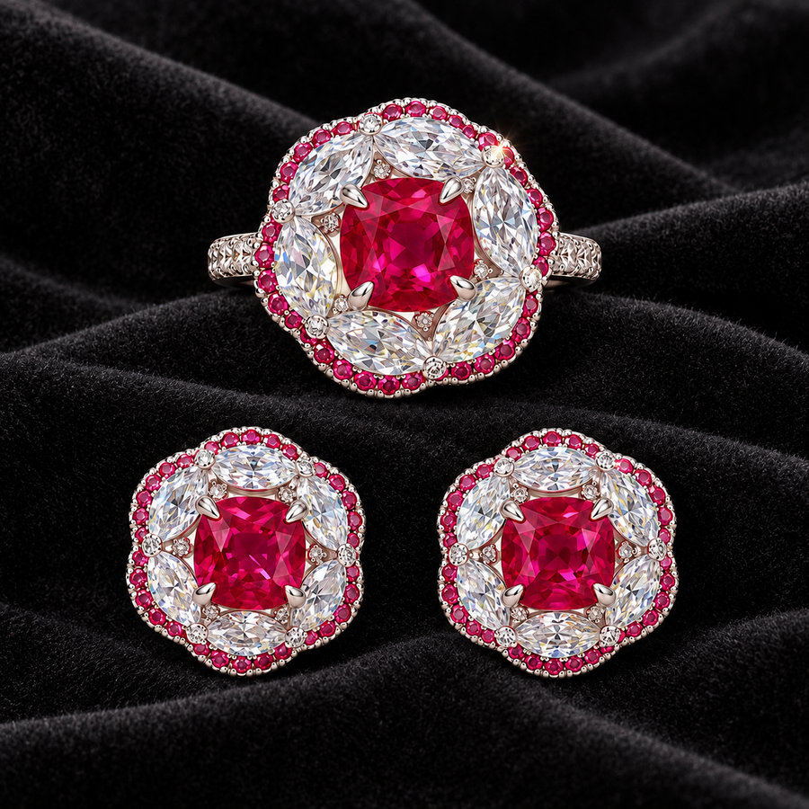 [Correnva V3 velvet main] Crimson Halo Studs. AI-assisted presentation image on a dark velvet art direction; not exact-item, material, stone identity, scale, size, or inventory proof.