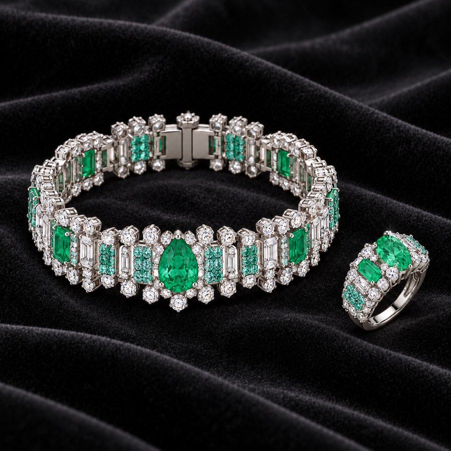 [Correnva V3 velvet main] Verdant Steps Bracelet. AI-assisted presentation image on a dark velvet art direction; not exact-item, material, stone identity, scale, size, or inventory proof.