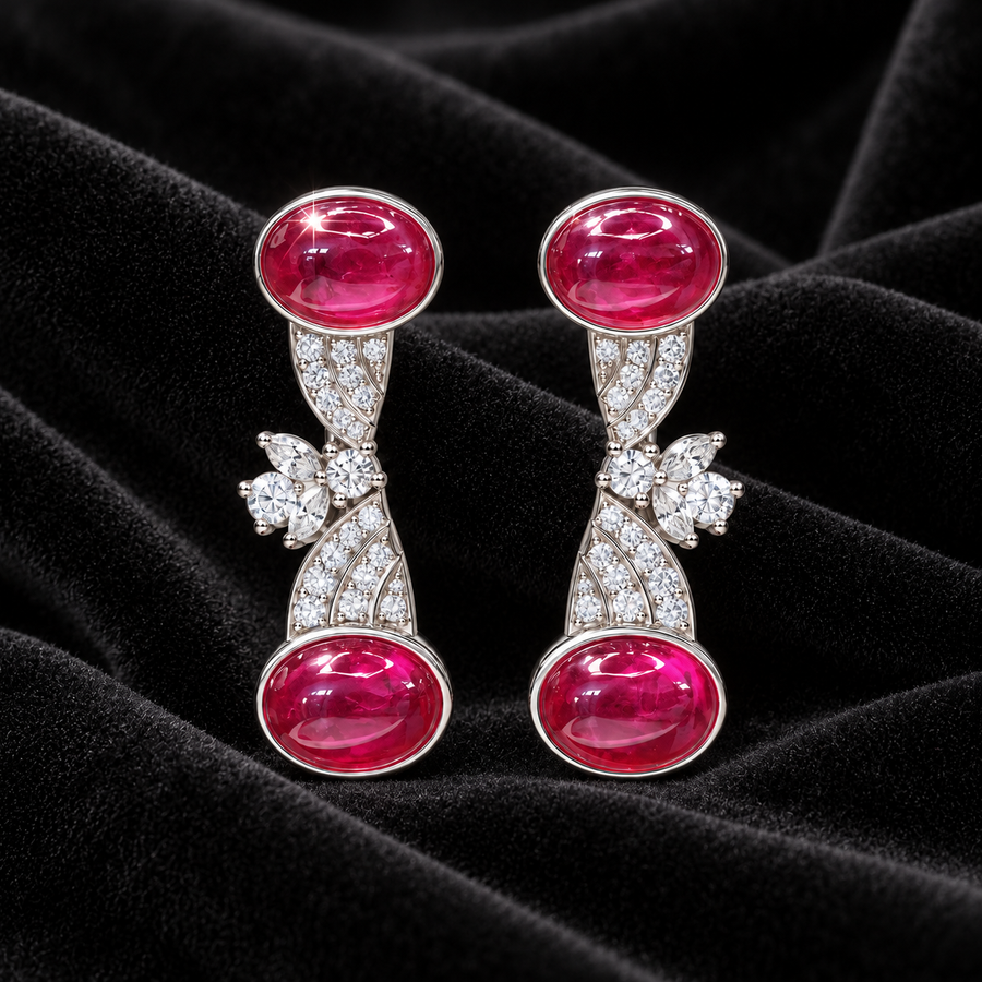 [Correnva V3 velvet main] Crimson Cascade Drops. AI-assisted presentation image on a dark velvet art direction; not exact-item, material, stone identity, scale, size, or inventory proof.