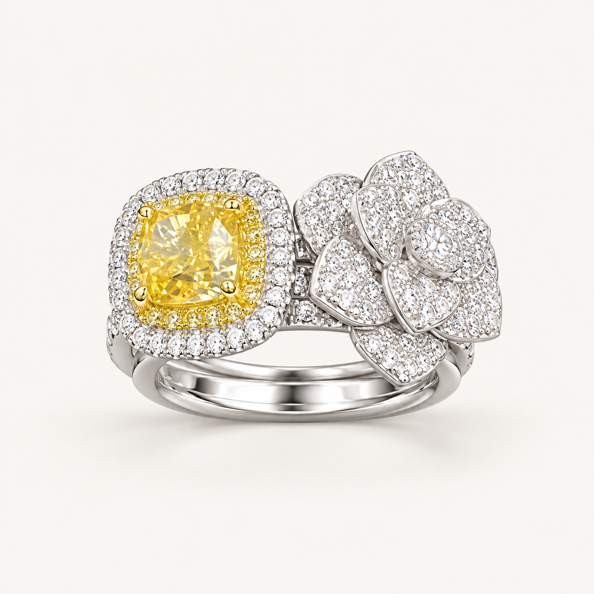 Soleil Camellia Duo. AI-assisted presentation image based on supplier reference; not exact-item, material, stone, scale, size, or inventory proof.
