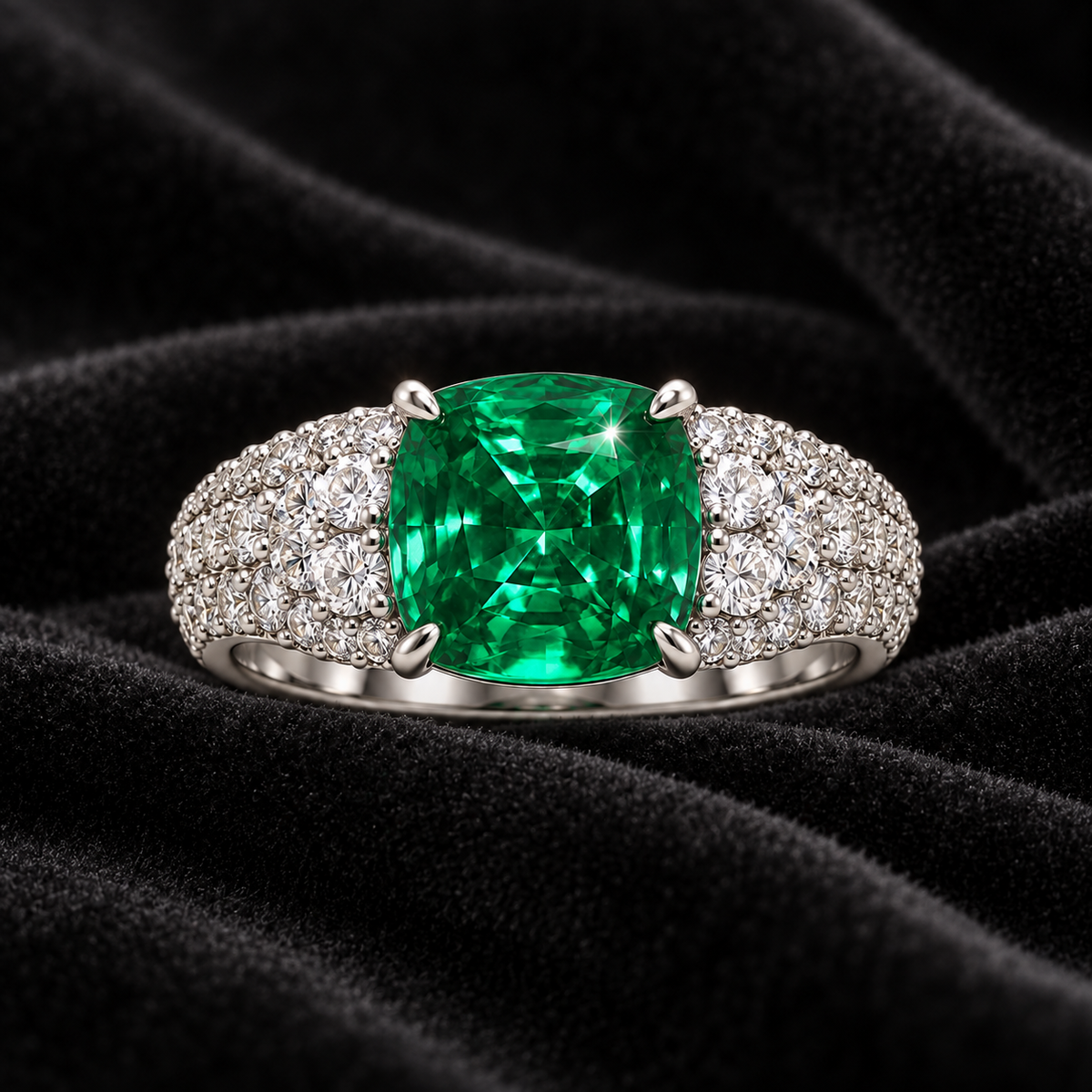 [Correnva V3 velvet main] Verdant Halo Ring. AI-assisted presentation image on a dark velvet art direction; not exact-item, material, stone identity, scale, size, or inventory proof.