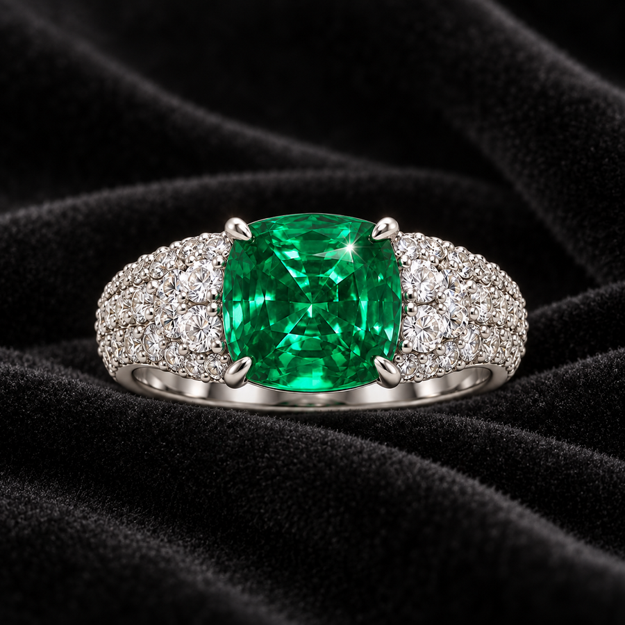 [Correnva V3 velvet main] Verdant Halo Ring. AI-assisted presentation image on a dark velvet art direction; not exact-item, material, stone identity, scale, size, or inventory proof.