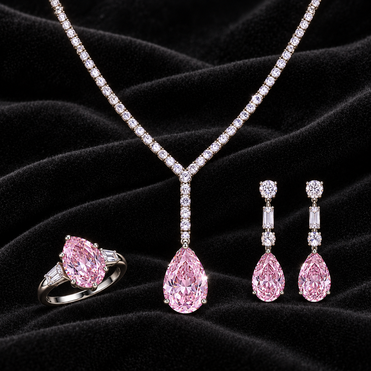[Correnva V3 velvet main] Rosewater Pear Necklace. AI-assisted presentation image on a dark velvet art direction; not exact-item, material, stone identity, scale, size, or inventory proof.