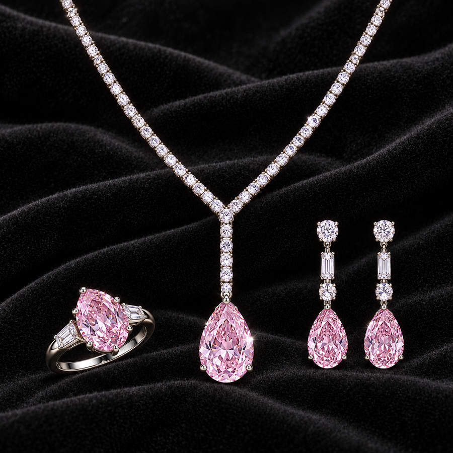 [Correnva V3 velvet main] Rosewater Pear Necklace. AI-assisted presentation image on a dark velvet art direction; not exact-item, material, stone identity, scale, size, or inventory proof.