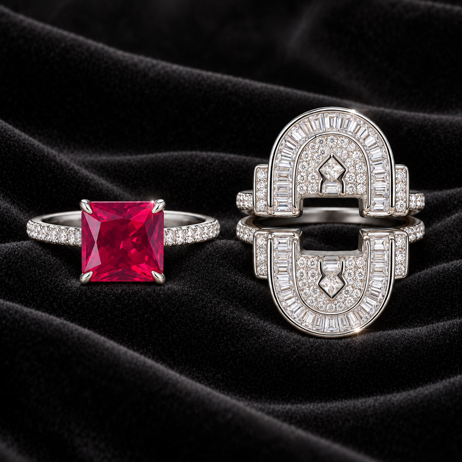 [Correnva V3 velvet main] Crimson Portal Ring. AI-assisted presentation image on a dark velvet art direction; not exact-item, material, stone identity, scale, size, or inventory proof.