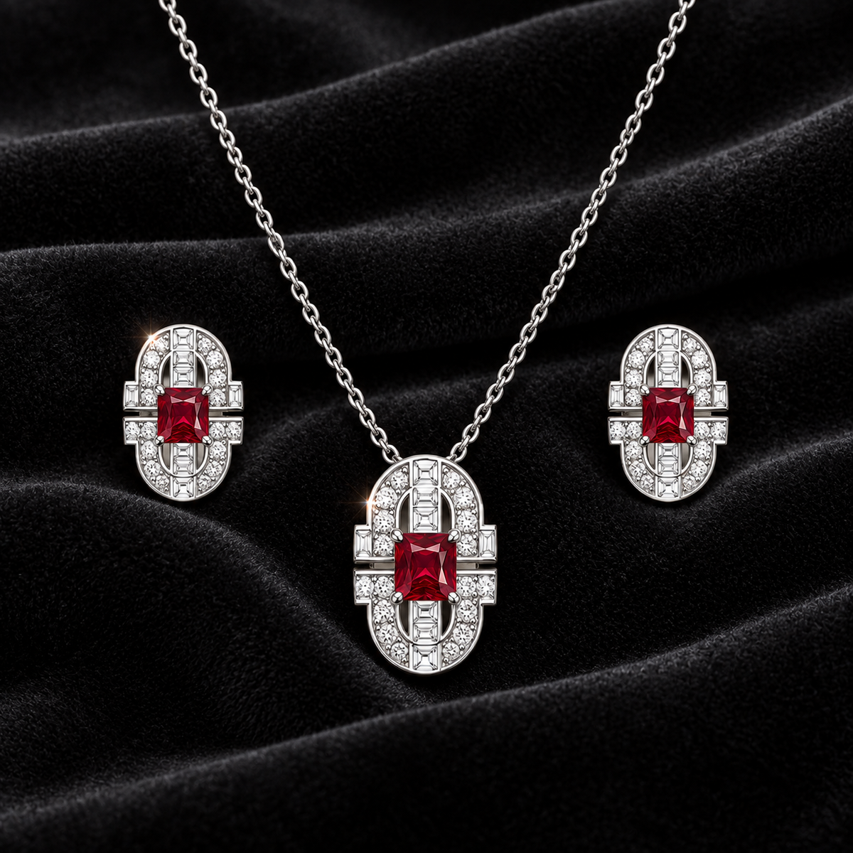 [Correnva V3 velvet main] Crimson Portal Pendant. AI-assisted presentation image on a dark velvet art direction; not exact-item, material, stone identity, scale, size, or inventory proof.