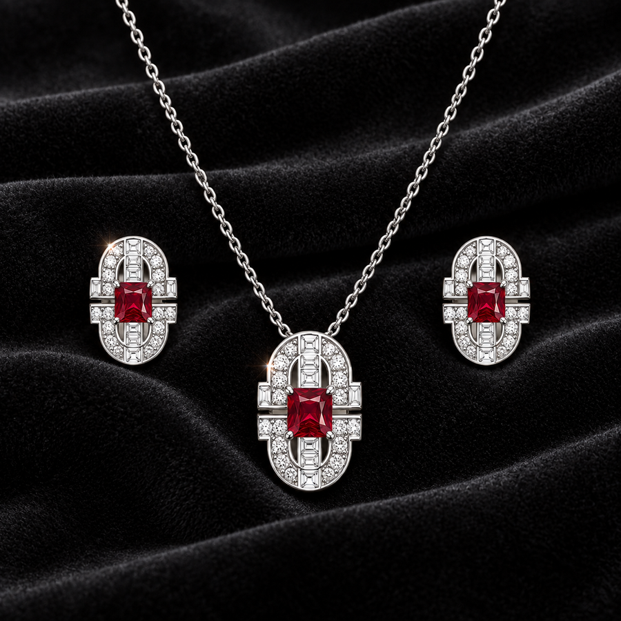 [Correnva V3 velvet main] Crimson Portal Pendant. AI-assisted presentation image on a dark velvet art direction; not exact-item, material, stone identity, scale, size, or inventory proof.