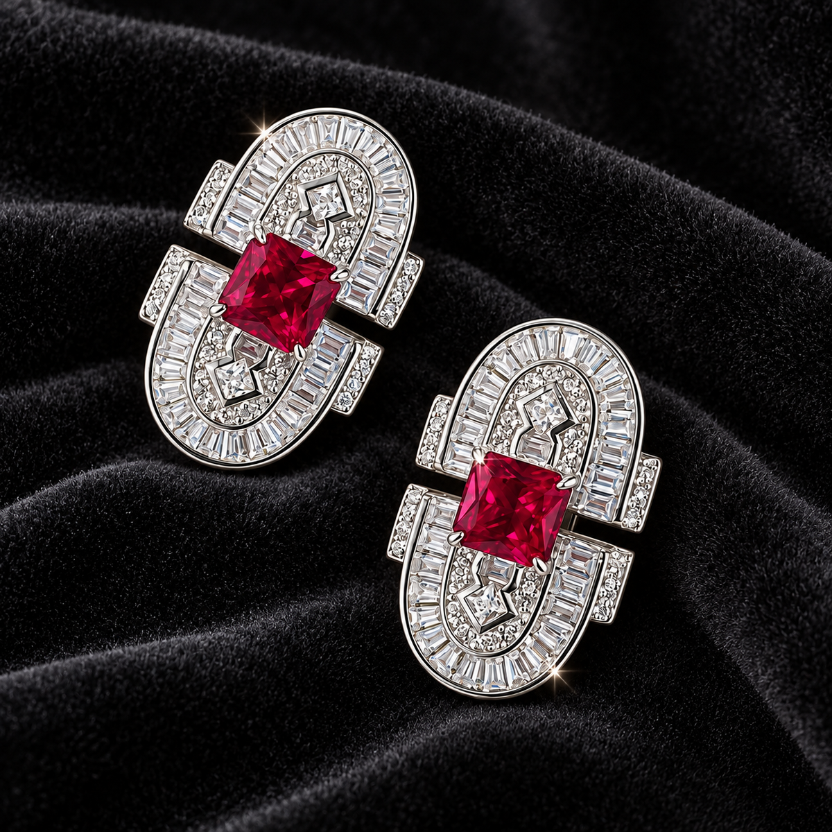 [Correnva V3 velvet main] Crimson Portal Drops. AI-assisted presentation image on a dark velvet art direction; not exact-item, material, stone identity, scale, size, or inventory proof.