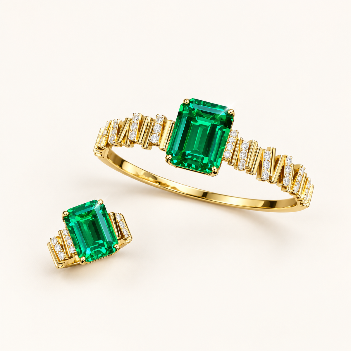 [Correnva V2 main] Verdant Axis Ring. AI-assisted presentation image based on a supplier reference; not exact-item, material, stone identity, scale, size, or inventory proof.
