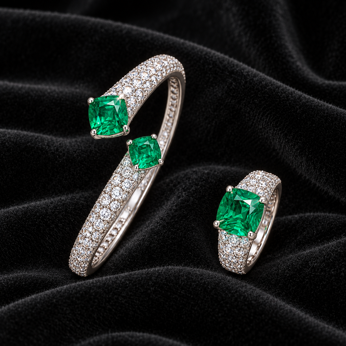 [Correnva V3 velvet main] Verdant Line Bangle. AI-assisted presentation image on a dark velvet art direction; not exact-item, material, stone identity, scale, size, or inventory proof.