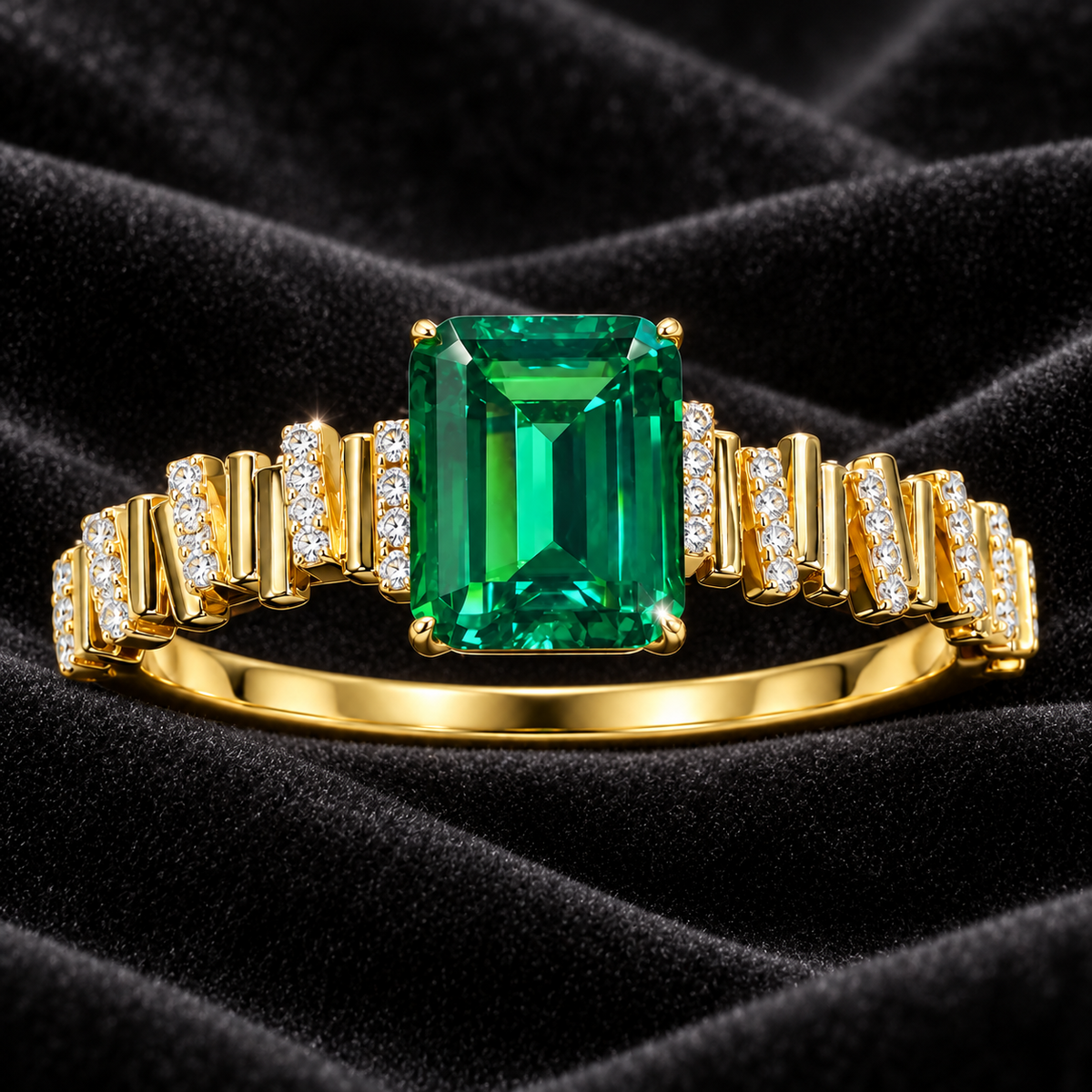 [Correnva V3 velvet main] Verdant Steps Cuff. AI-assisted presentation image on a dark velvet art direction; not exact-item, material, stone identity, scale, size, or inventory proof.