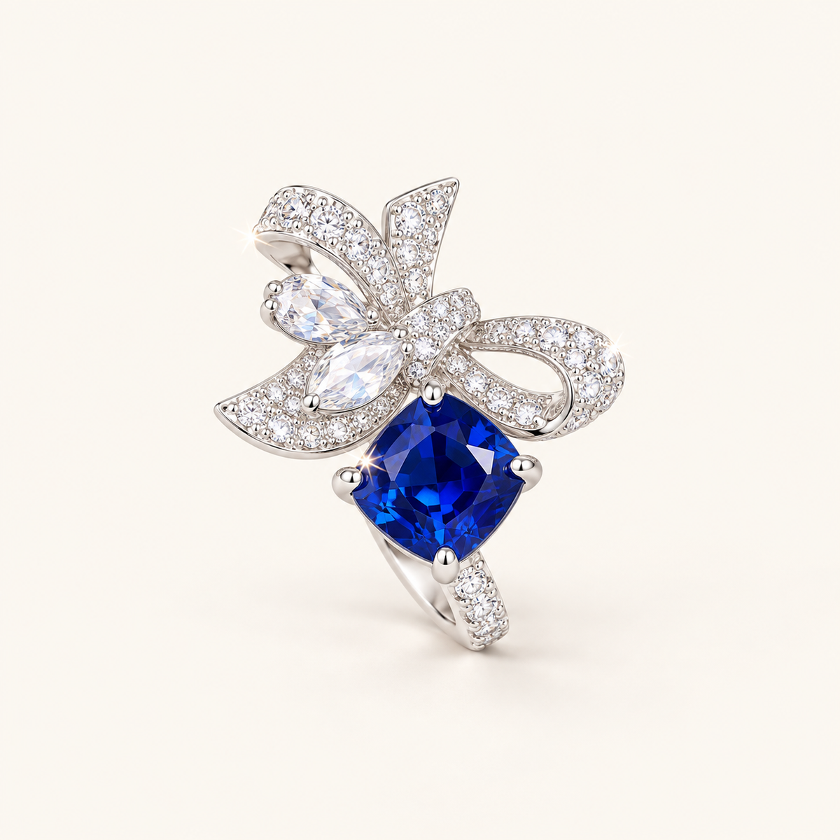 [Correnva V2 main] Cobalt Papillon Ring. AI-assisted presentation image based on a supplier reference; not exact-item, material, stone identity, scale, size, or inventory proof.