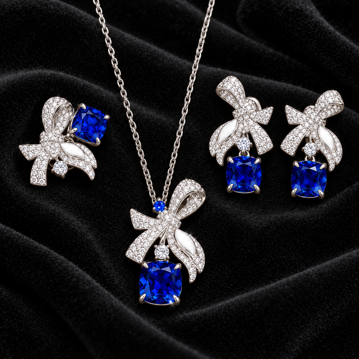 [Correnva V3 velvet main] Cobalt Papillon Pendant. AI-assisted presentation image on a dark velvet art direction; not exact-item, material, stone identity, scale, size, or inventory proof.