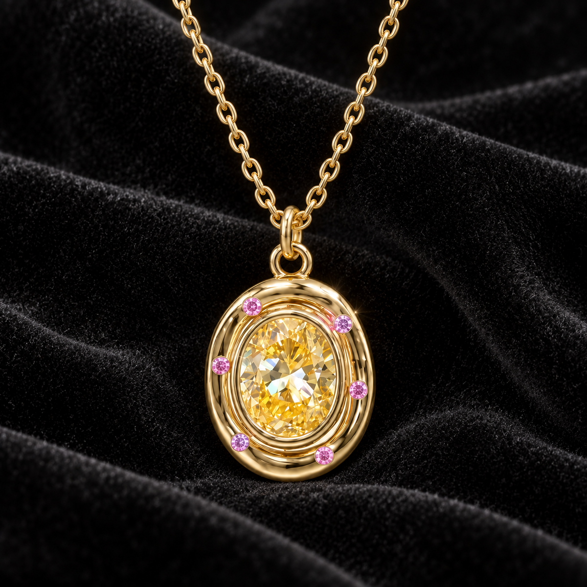[Correnva V3 velvet main] Soleil Vessel Pendant. AI-assisted presentation image on a dark velvet art direction; not exact-item, material, stone identity, scale, size, or inventory proof.