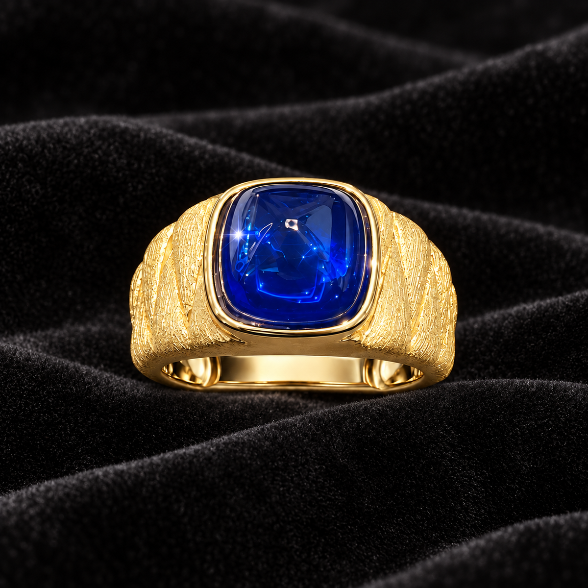 [Correnva V3 velvet main] Midnight Signet Ring. AI-assisted presentation image on a dark velvet art direction; not exact-item, material, stone identity, scale, size, or inventory proof.