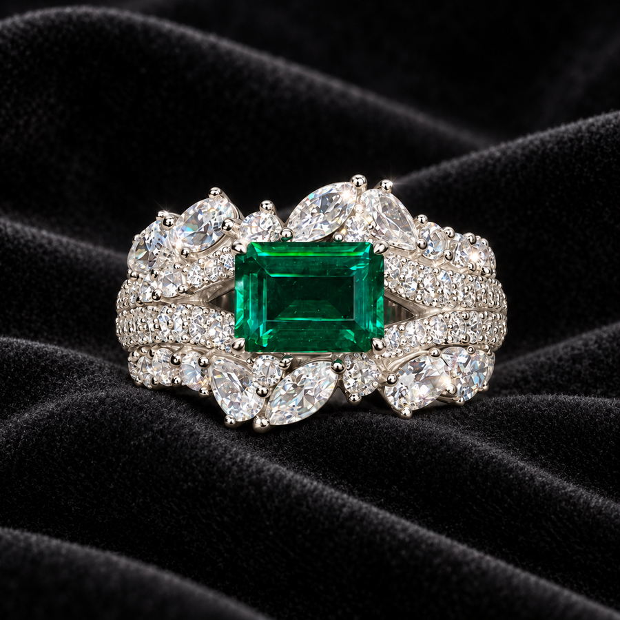 [Correnva V3 velvet main] Verdant Scroll Ring. AI-assisted presentation image on a dark velvet art direction; not exact-item, material, stone identity, scale, size, or inventory proof.