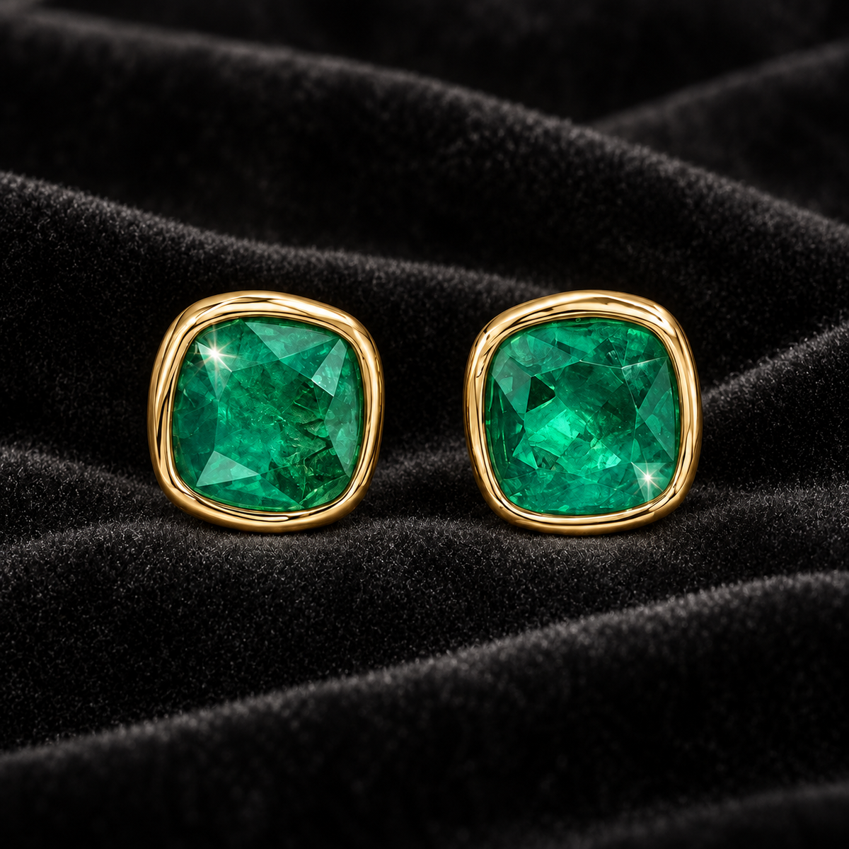 [Correnva V3 velvet main] Verdant Duet Studs. AI-assisted presentation image on a dark velvet art direction; not exact-item, material, stone identity, scale, size, or inventory proof.