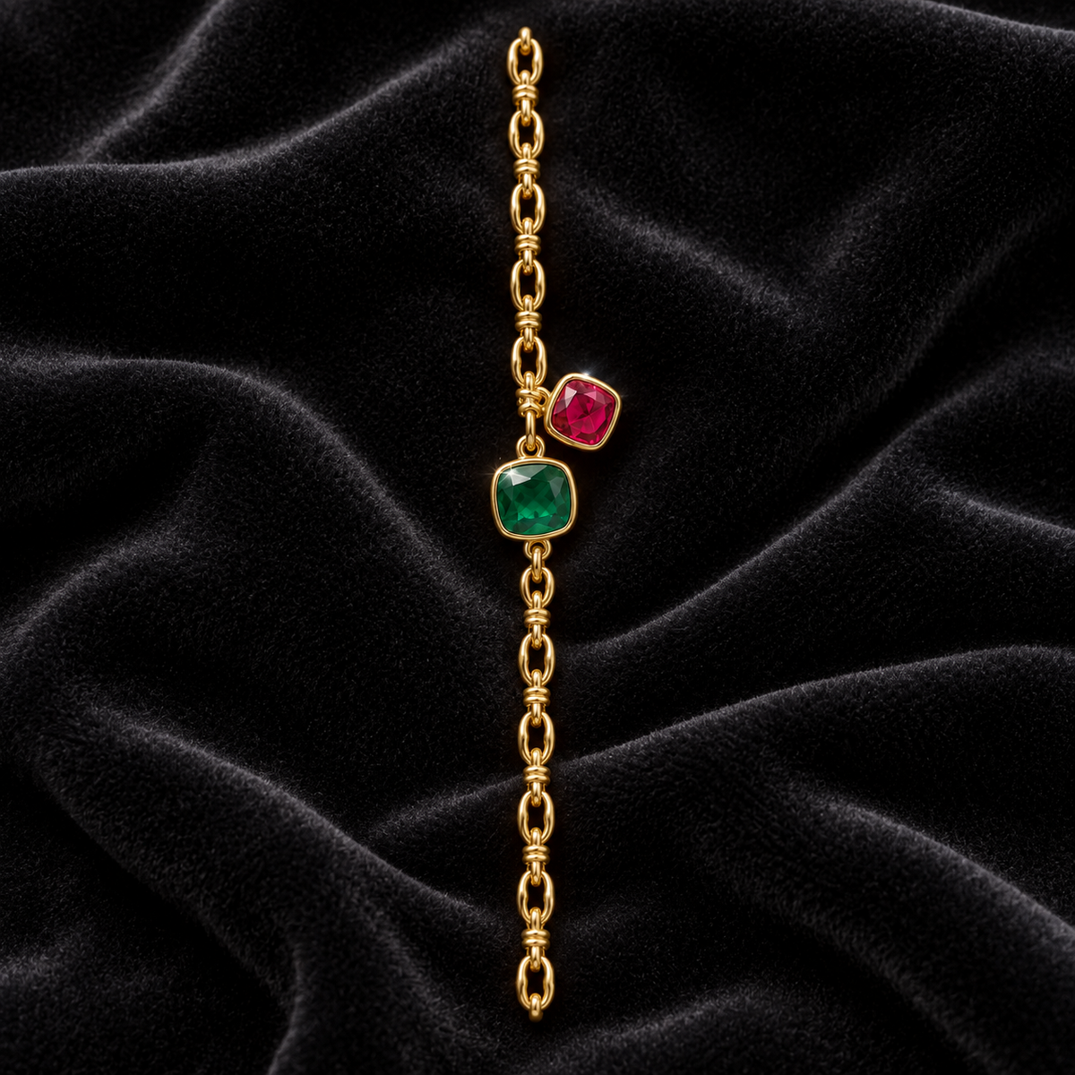 [Correnva V3 velvet main] Verdant Duet Bracelet. AI-assisted presentation image on a dark velvet art direction; not exact-item, material, stone identity, scale, size, or inventory proof.