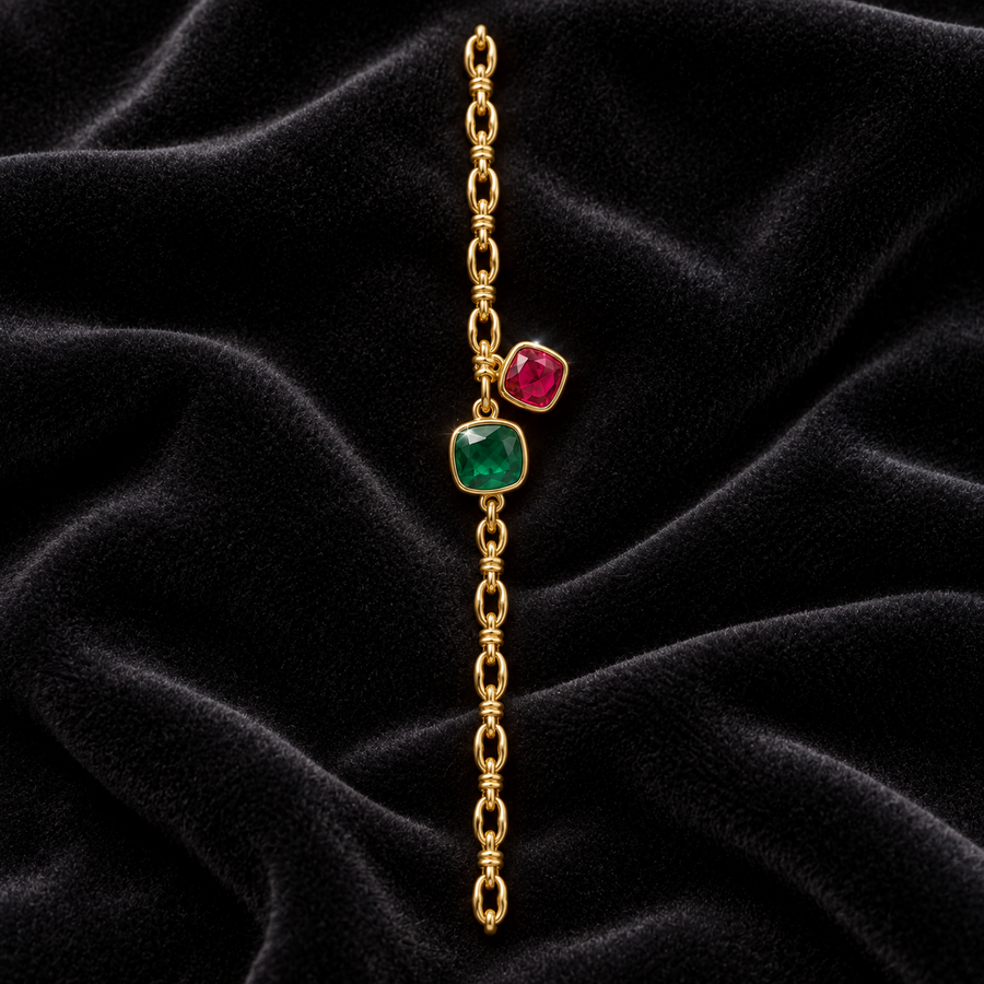[Correnva V3 velvet main] Verdant Duet Bracelet. AI-assisted presentation image on a dark velvet art direction; not exact-item, material, stone identity, scale, size, or inventory proof.