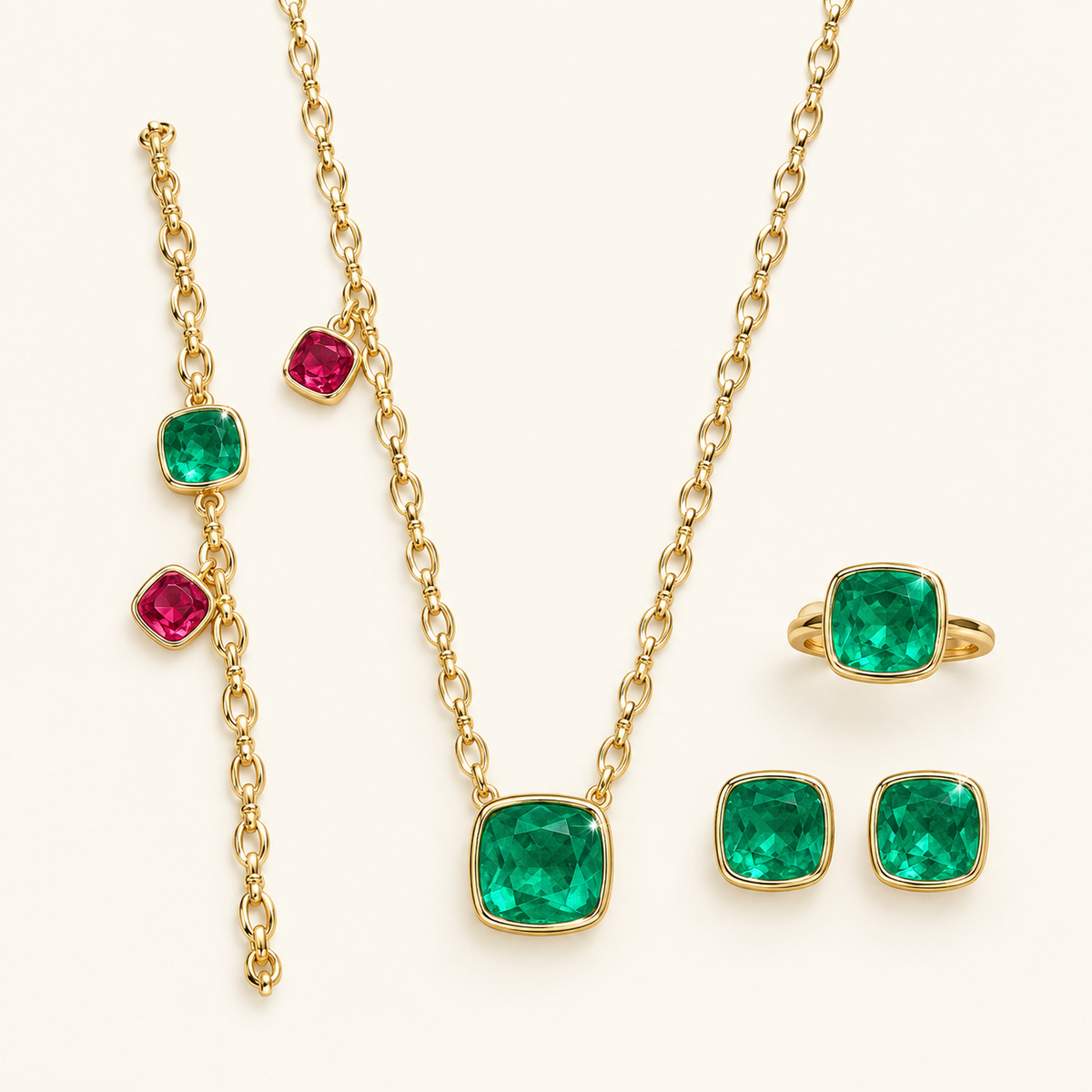 [Correnva V2 main] Verdant Duet Necklace. AI-assisted presentation image based on a supplier reference; not exact-item, material, stone identity, scale, size, or inventory proof.
