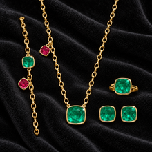 [Correnva V3 velvet main] Verdant Duet Necklace. AI-assisted presentation image on a dark velvet art direction; not exact-item, material, stone identity, scale, size, or inventory proof.
