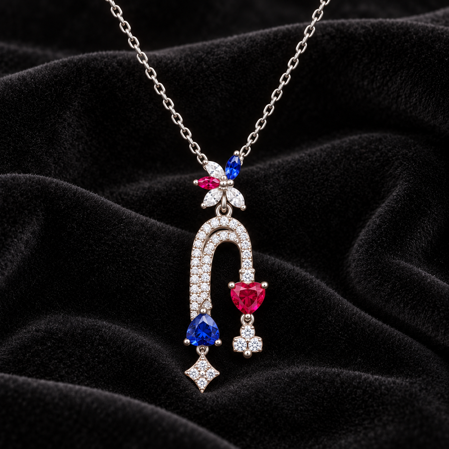 [Correnva V3 velvet main] Chroma Arc Pendant. AI-assisted presentation image on a dark velvet art direction; not exact-item, material, stone identity, scale, size, or inventory proof.