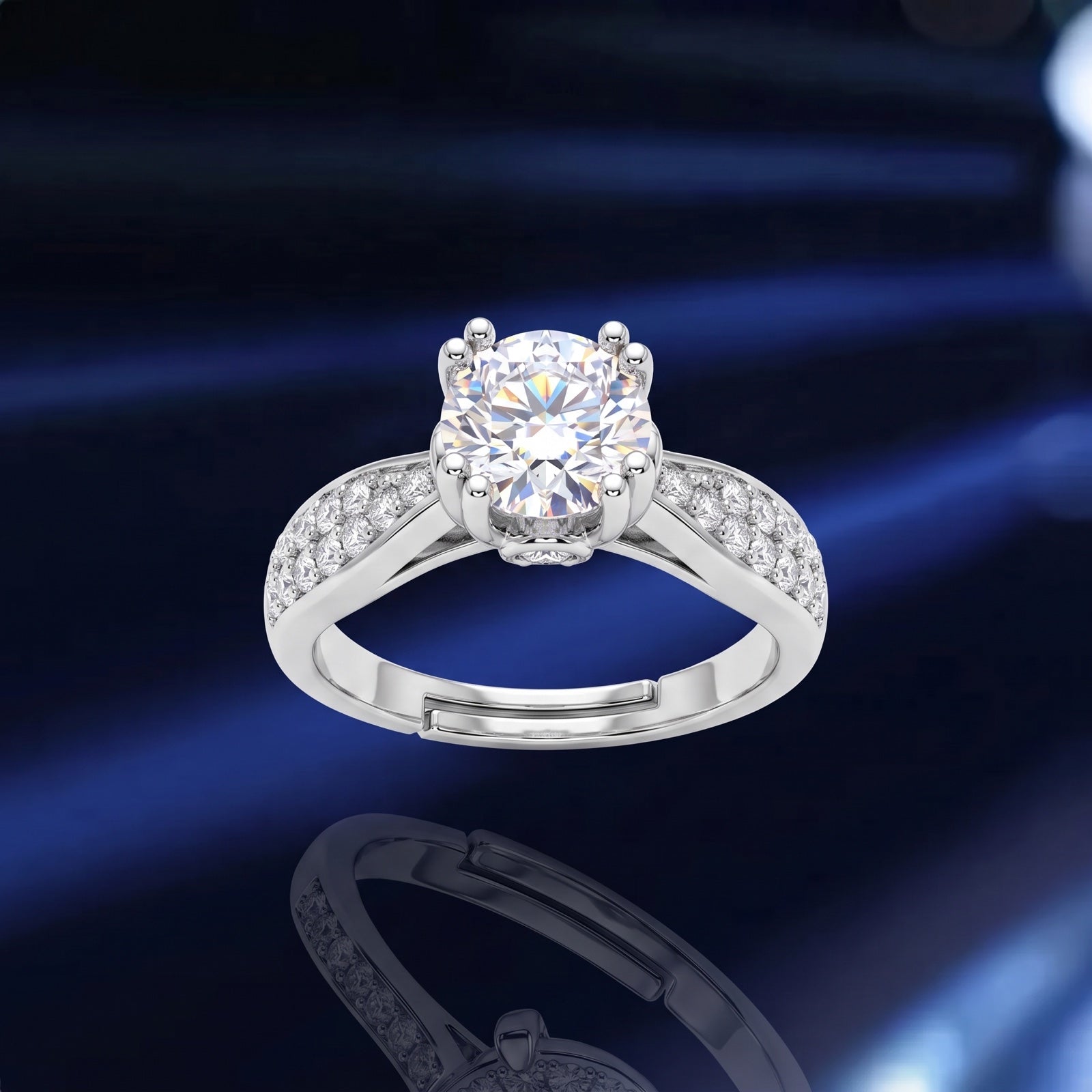 Elongated clear-stone ring form in a dark editorial preview