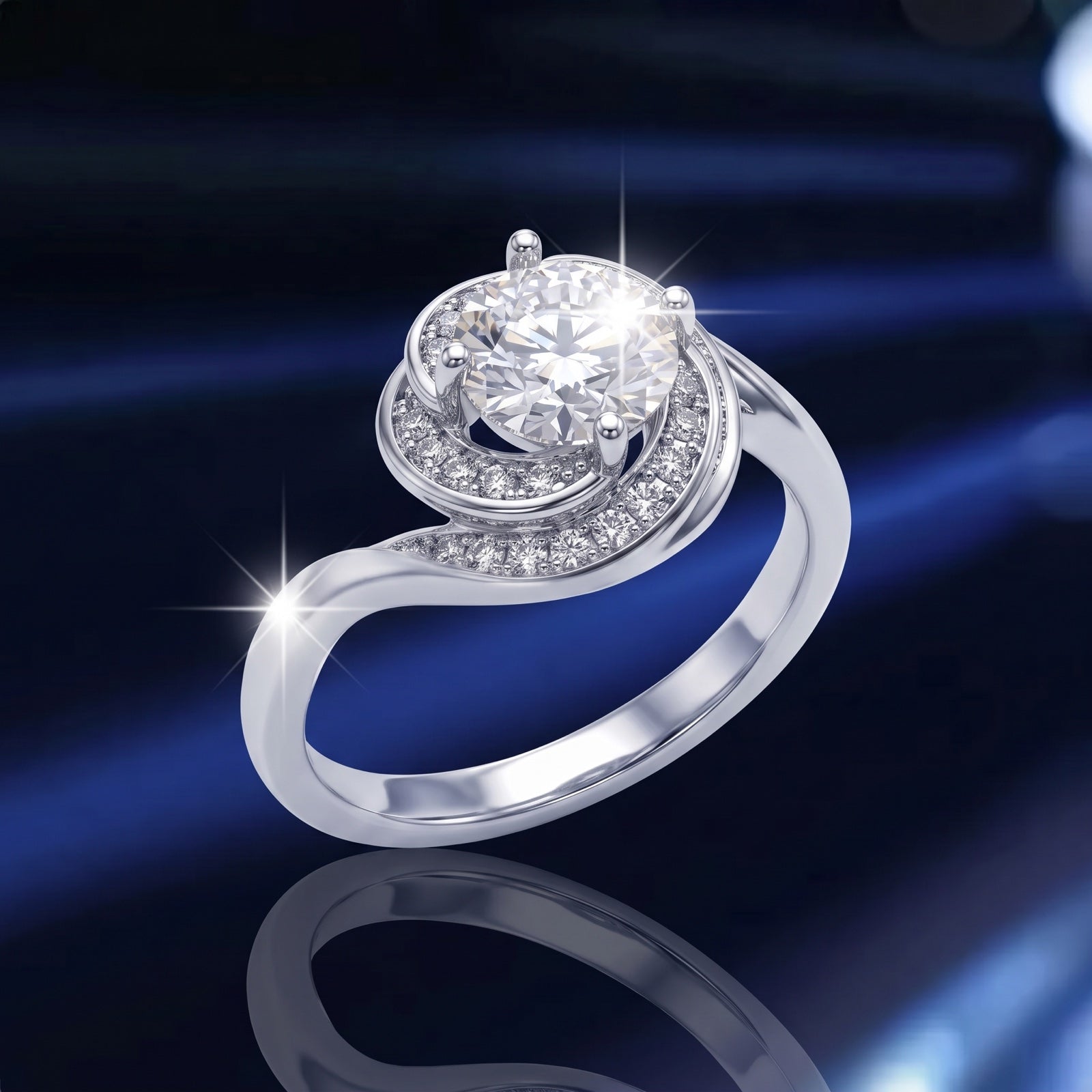 Circular clear-stone ring form in a dark editorial preview